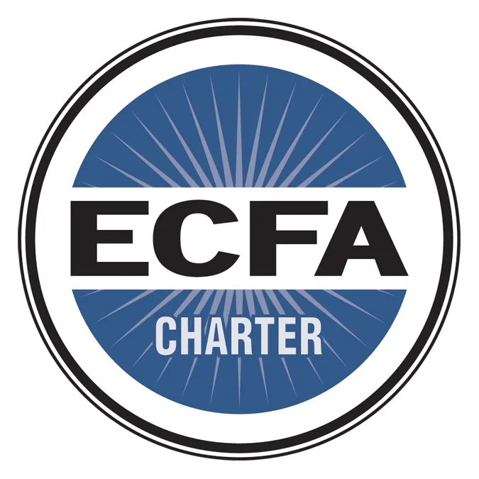 A circular logo with a blue center and white border. The text ECFA is in bold black letters across the middle, and CHARTER is in white letters below, with radiating white lines in the background.
